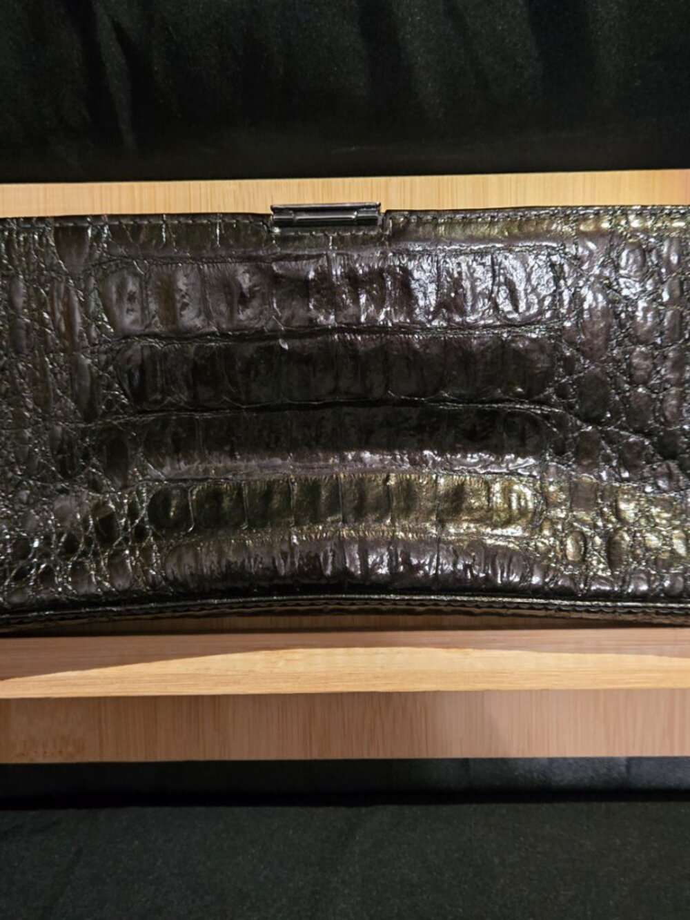 Anne Klein Black Genuine Leather Croc Embossed Frame Clutch Evening Bag - Picture 3 of 9